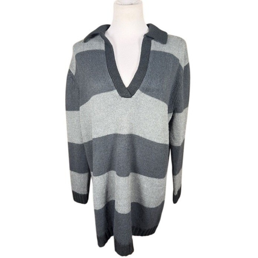 American Eagle Sweater Womens M Tunic Gray Striped V-Neck Pullover Long Sleeve